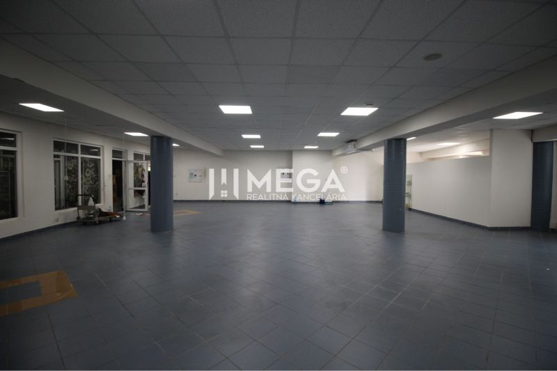 Spacious commercial spaces with blue tiles and columns offer various usage possibilities.