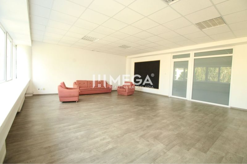 Spacious offices, sofas, large windows, and wooden decor flooring.