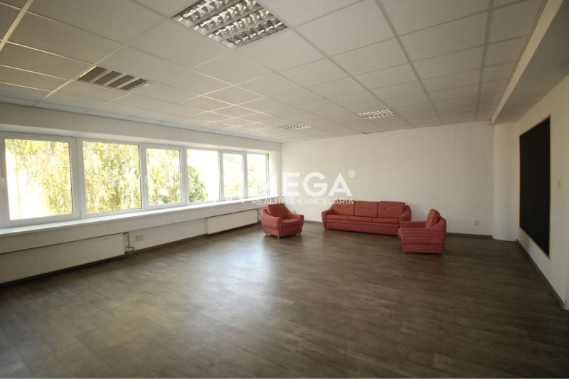 Spacious offices with a sofa set and wood-patterned flooring.