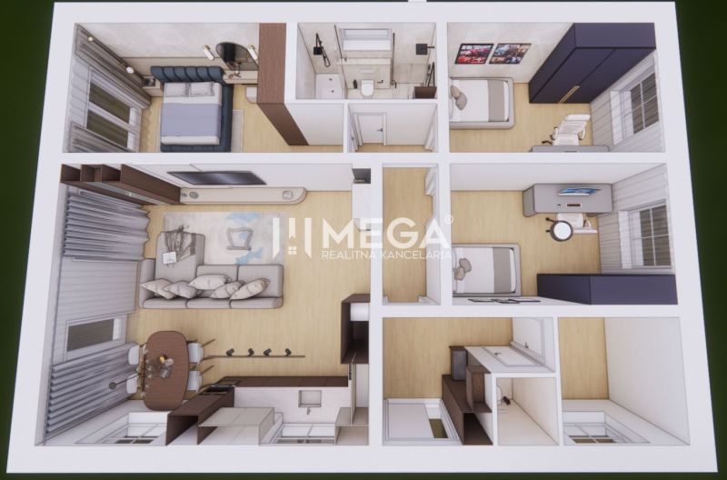 Floor plan of a family house with a wooden decor floor and modern furniture.