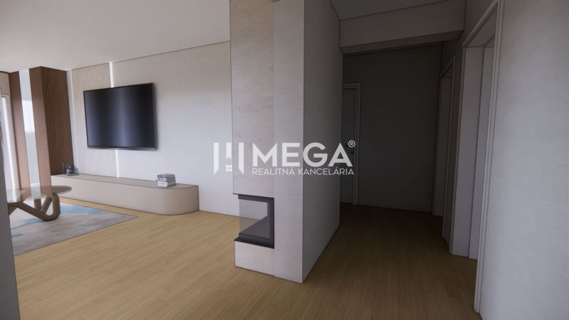 Living room with a TV, table, and wooden decor flooring in a family house.