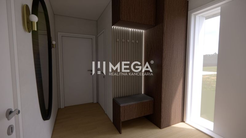 An entrance hall with a wooden decor floor, a mirror, and a bench in a family house.