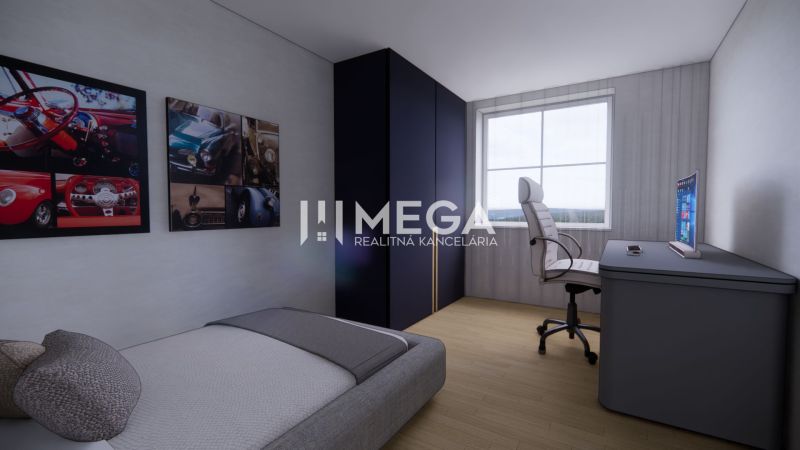 A room in a family house with a desk, a chair, and pictures of cars on the wall.
