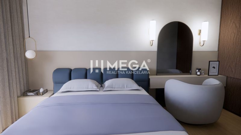 Bedroom in a family house with a comfortable bed, table and mirror, floor with wooden decor.