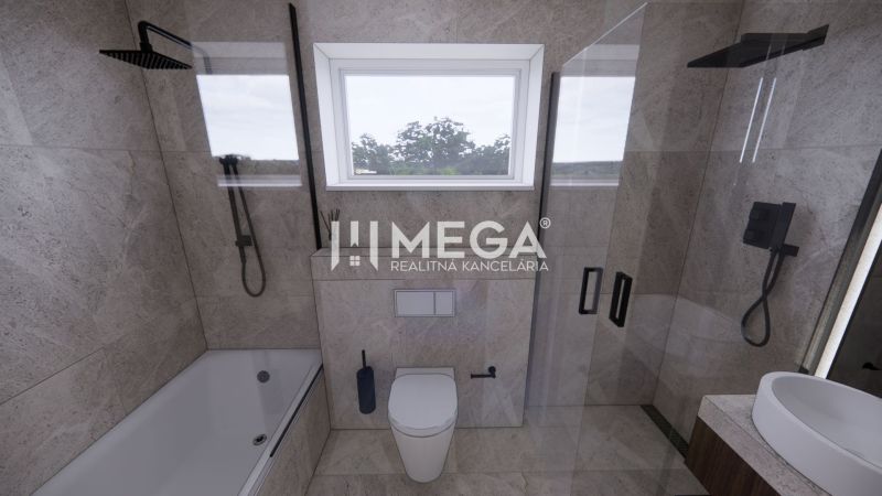 A bathroom in a family house with modern equipment, a bathtub, and a shower.