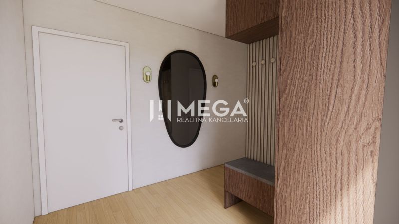 Interior of a family house with a mirror and a wooden decor floor.