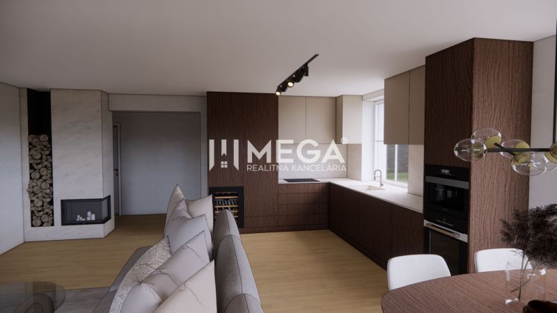 In the family house, there is a kitchen with built-in appliances, a rectangular table, and a floor with a wooden decor.
