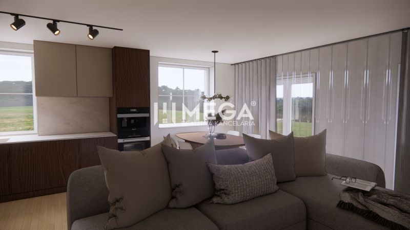 Living room with wood-patterned flooring, a sofa, and a kitchenette in a family house.