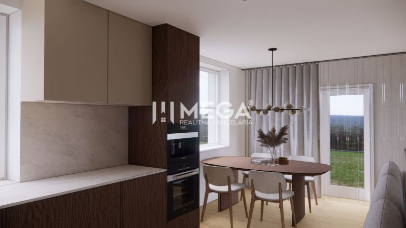 A kitchen with a wood-patterned floor and a dining table in a family house.