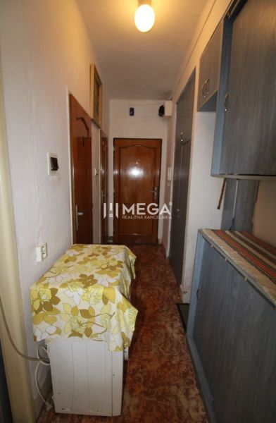 A hallway in a 2-room apartment with a wardrobe and a carpet with a floral pattern.