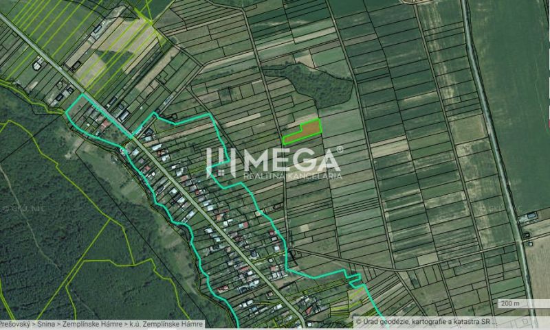 Land map for residential plots in the village of Zemplínske Hámre, showing the parcel division of the land.