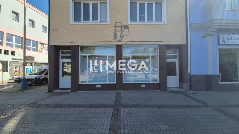 Commercial premises on Námestie Slobody in Humenné with a display window and entrance doors on the ground floor.