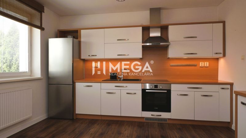 A kitchen in a family house with white cabinets and a wood-patterned floor.