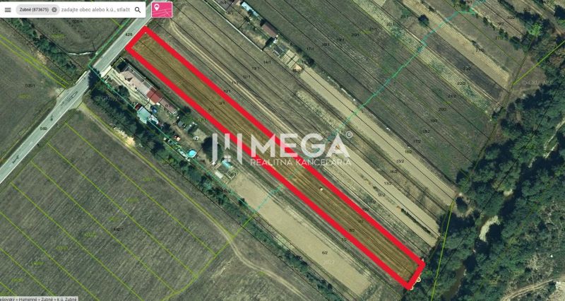 Aerial view of residential plots in Zubné, bordered by a red line.