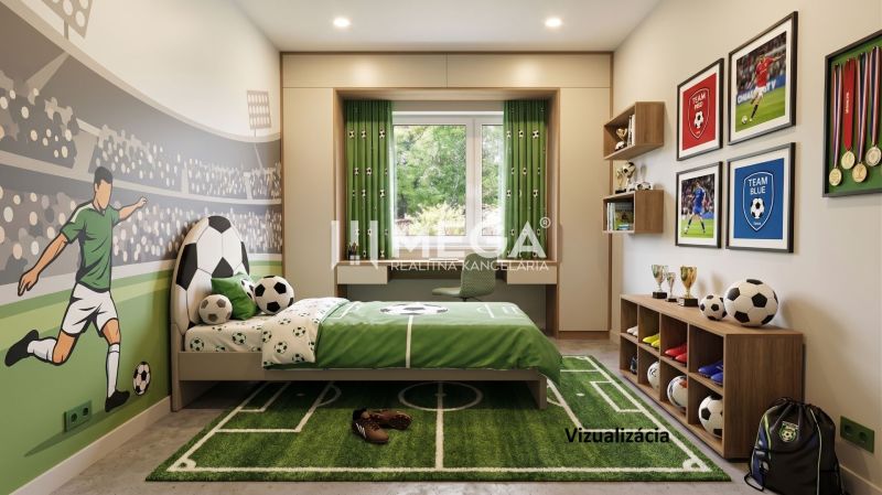 Children's room in a family house with a football theme; green decorations and football motifs.