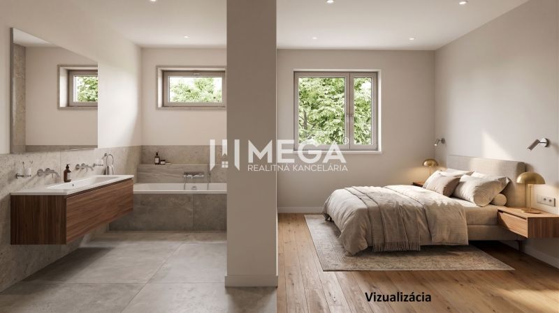 Bedroom with wood-patterned flooring and bathroom, connected in a family house.