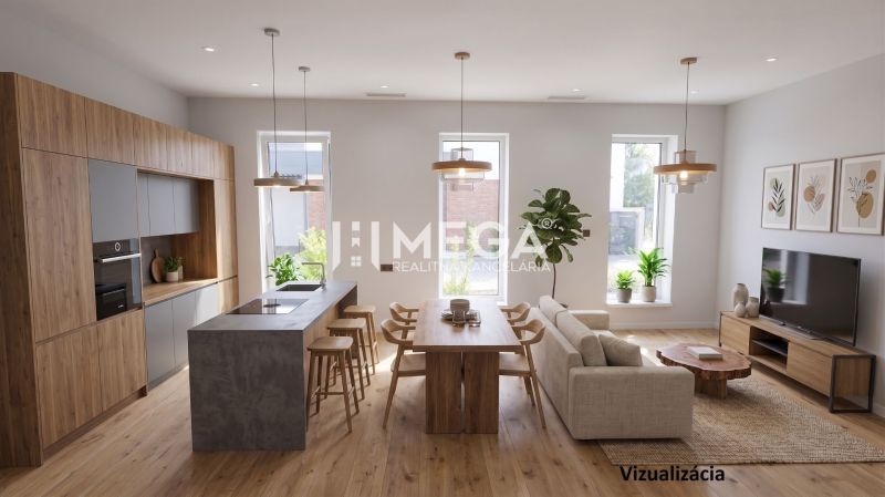 Living area with a kitchen in a family house, wooden decor flooring, and large windows.