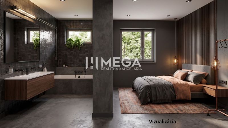 Bathroom and bedroom with muted colors and wood-patterned flooring in a family house.