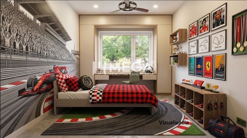 Children's room with a motoring theme in a family house, with a bed and decorative pictures.