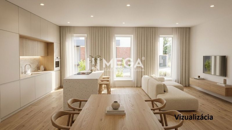A kitchen and living room in a family house with a wooden decor floor and large windows.