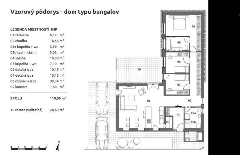 Floor plan of a bungalow with three rooms and a terrace in a family house.