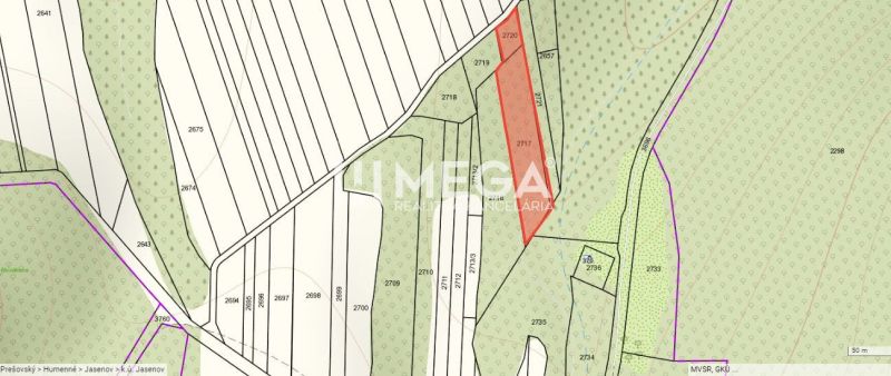 Cadastral map in the area of Jasenov, Jasenov Street, with highlighted area for special properties.