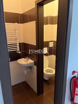 Toilet in commercial premises with brown and white tiles.