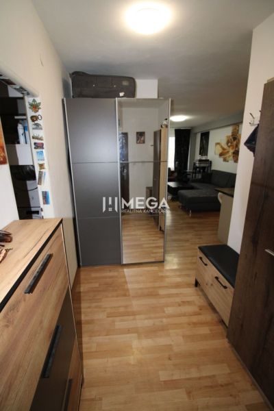 A hallway in a 2-room apartment with a wooden-patterned floor and a built-in wardrobe.
