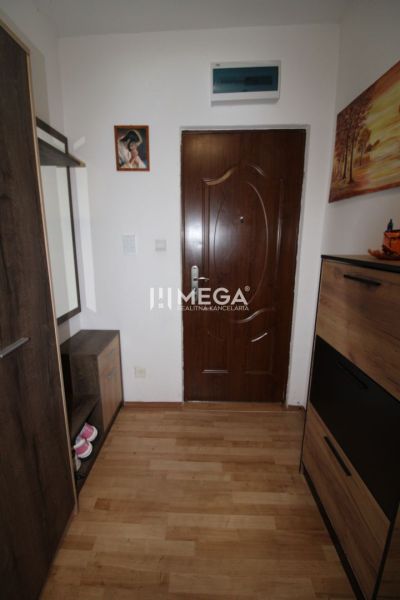 A hallway in a 2-room apartment with a wooden decor floor and dark furniture.