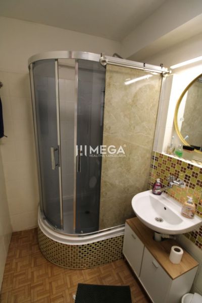 Bathroom in a 2-room apartment with wood-patterned flooring, a shower corner, and a sink.