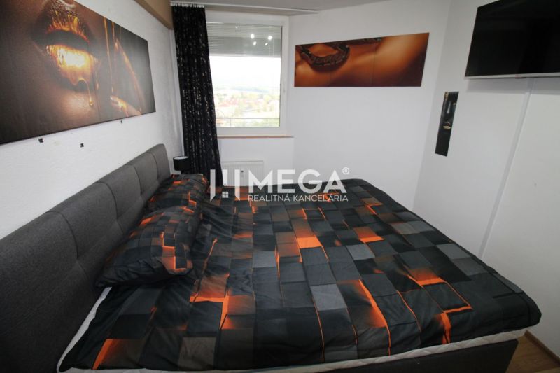 A bedroom in a 2-room apartment with a bed and artistic decorations on the wall.