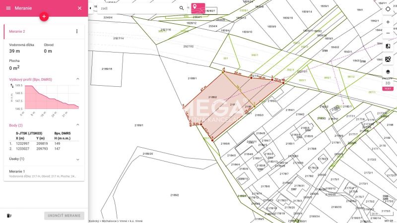 A map of residential plots in Vinné with informative measurements and parcel boundaries.