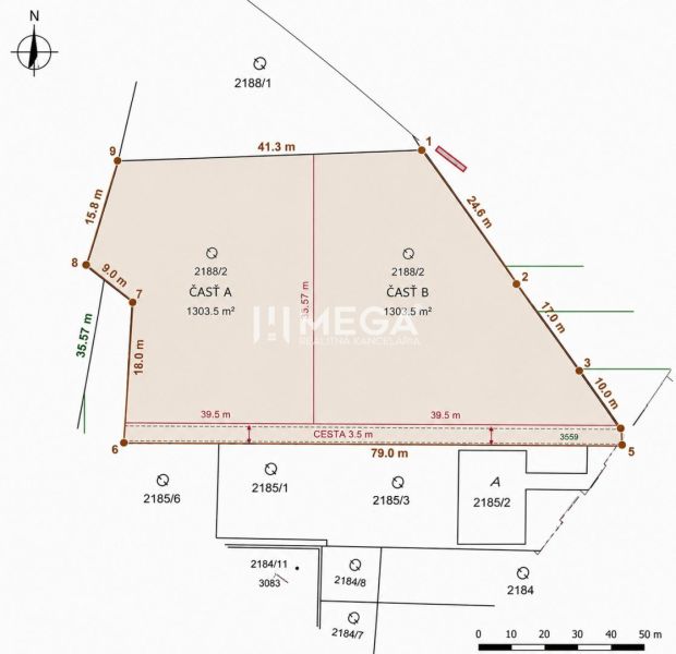 A map of residential plots in the village of Vinné, showing the dimensions and boundaries of the parcels.