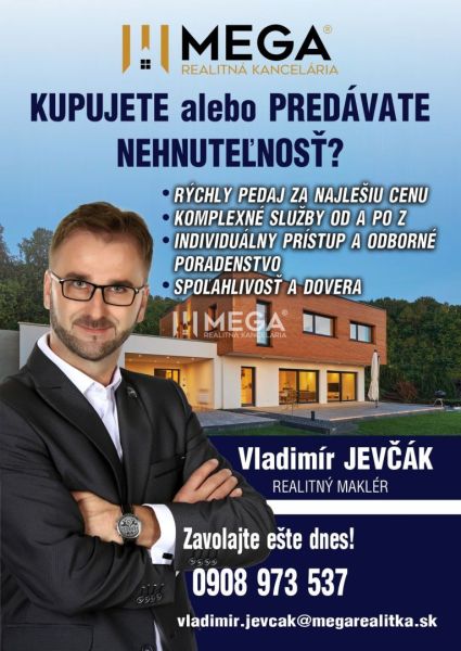 Real estate agency advertisement with a modern family house and the contact details of the agent.