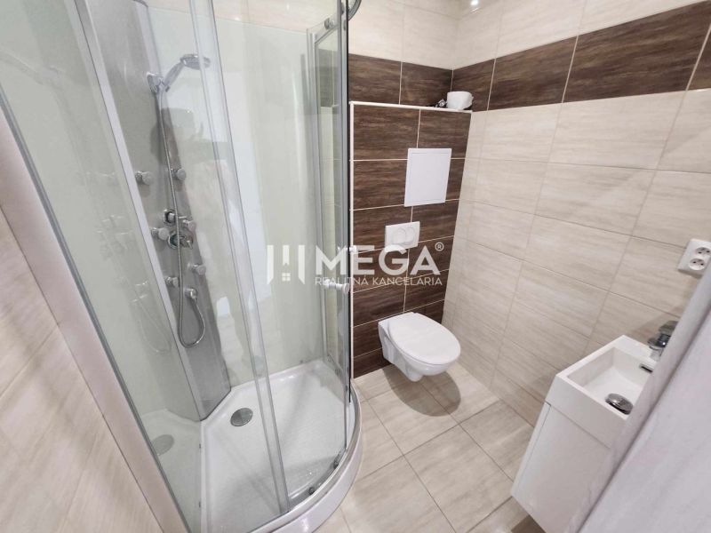 Shower and toilet combined with a sink in the office space.