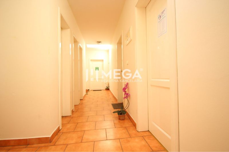 Interior of commercial premises with tiles, doors, and a potted plant.