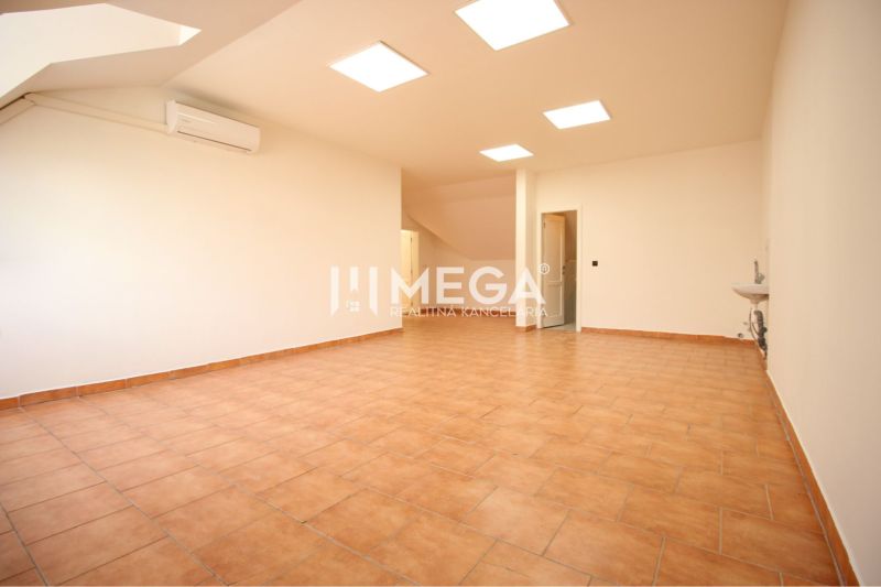 Spacious commercial premises with air conditioning and a sink, flooring with wood decor.