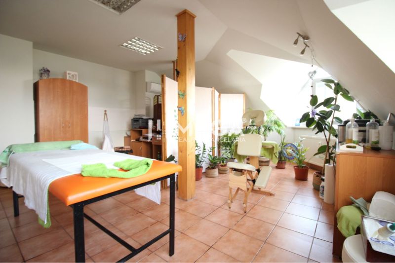 Commercial premises with flowers, massage table and furniture, tiled floor.