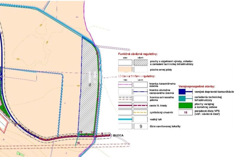 Urban plan with symbols for public and protective zones in the Buzica area.