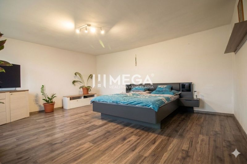 Bedroom with a bed, TV, plants, and a wooden decor floor in a family house.