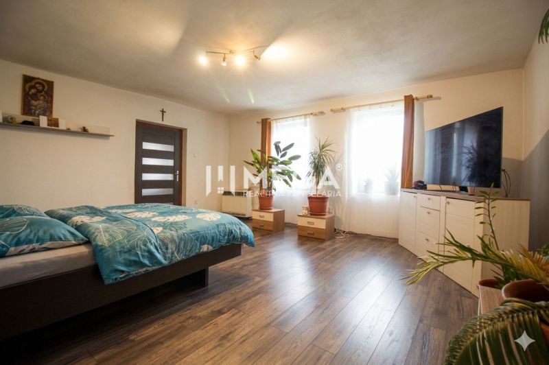 A bedroom in a family house with a wood-patterned floor, a bed, plants, and a television.
