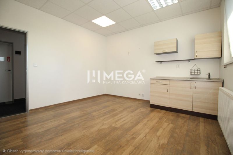 Offices with a kitchenette and flooring with a wood design.