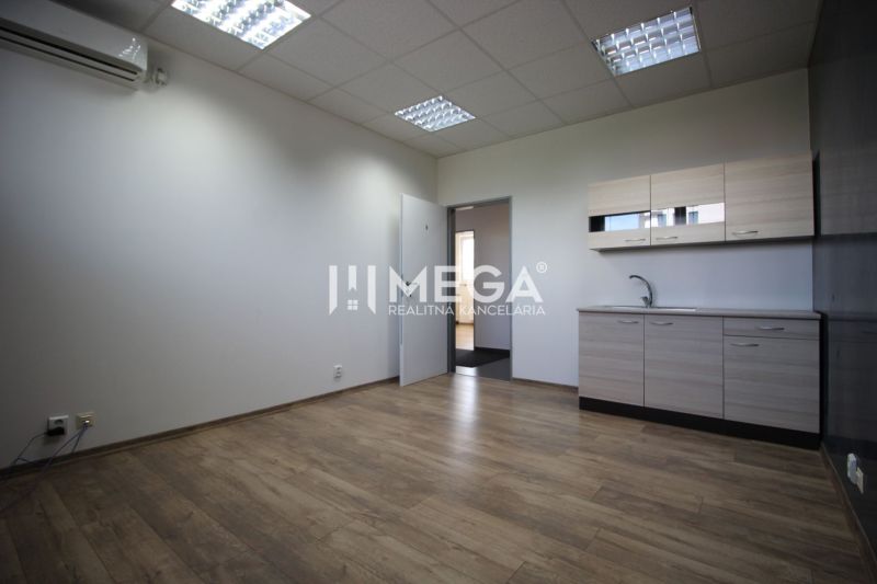 Office interior with wood-patterned flooring and kitchenette.