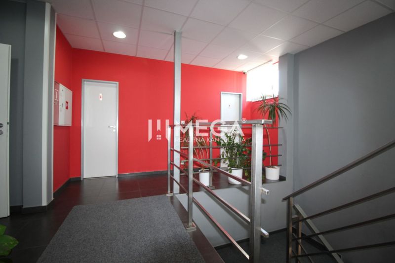 Offices with red walls and gray floors, plants, and metal railing.