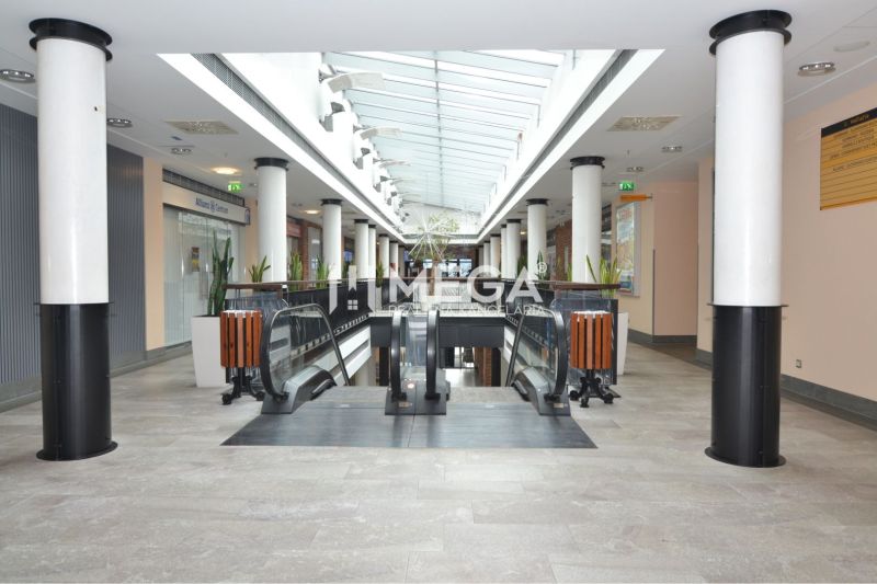 Commercial spaces with escalators and modern lighting, flooring with a wooden decor.