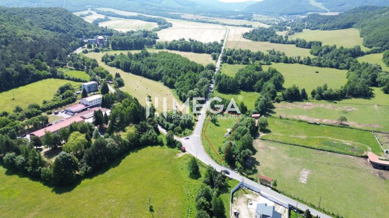 The landscape in the village of Ptičie with residential plots, surrounded by greenery and road communication.
