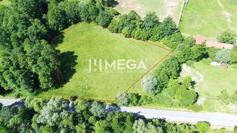 Aerial view of a residential plot in Ptičí surrounded by greenery.