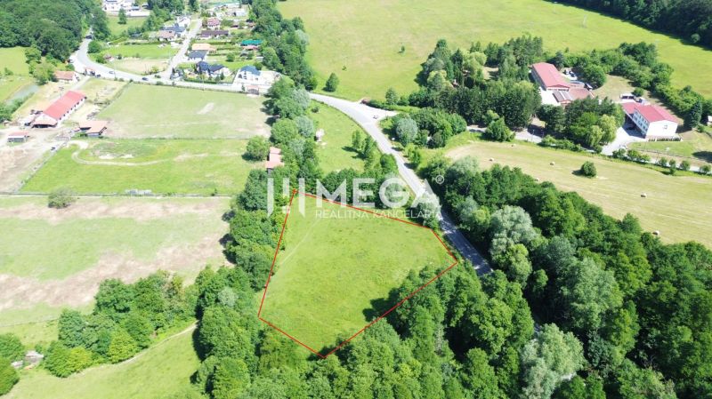 Aerial view of plots - housing in Ptičí, surrounded by greenery and a road.