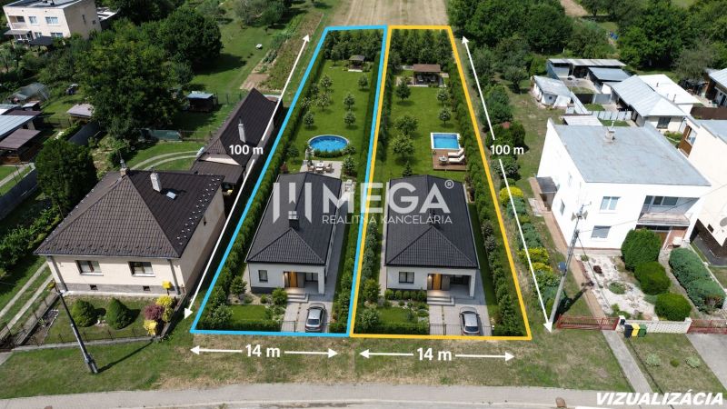 Plots - housing in Jasenov with houses, gardens, and an outdoor pool.