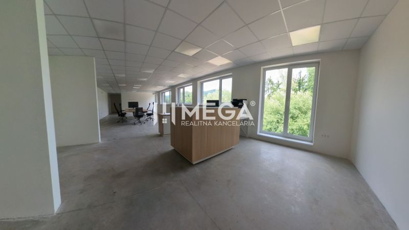 Spacious office spaces with large windows and furniture in wooden decor.
